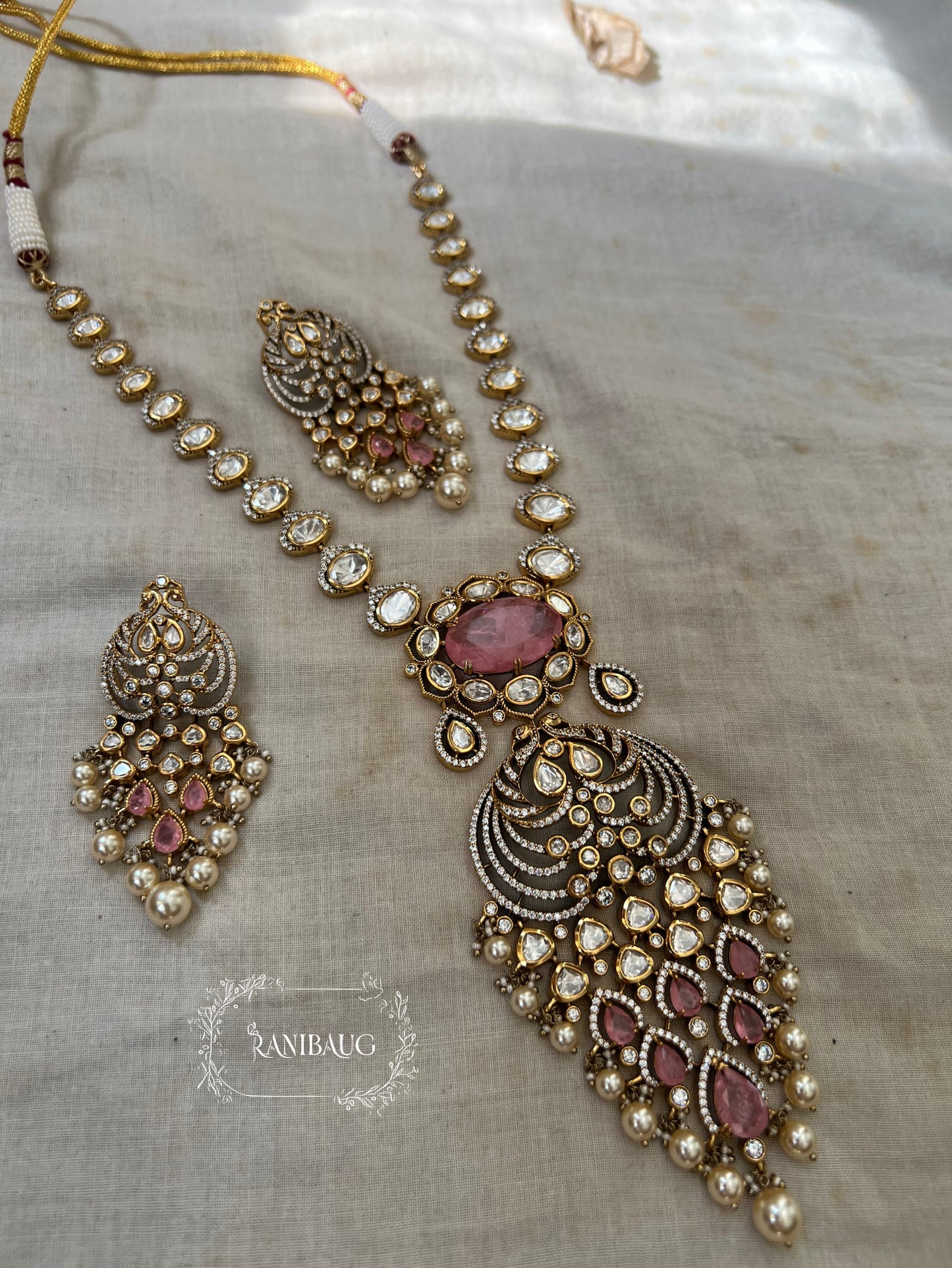 Shreeja Peacock Motif Vintage Mossainite Gemstone Long Victorian Necklace Jewellery Set By Ranibaug | Jewelry Wedding Collection 2025 2026