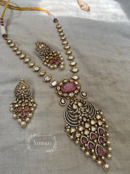Shreeja Peacock Motif Vintage Mossainite Gemstone Long Victorian Necklace Jewellery Set By Ranibaug | Jewelry Wedding Collection 2025 2026