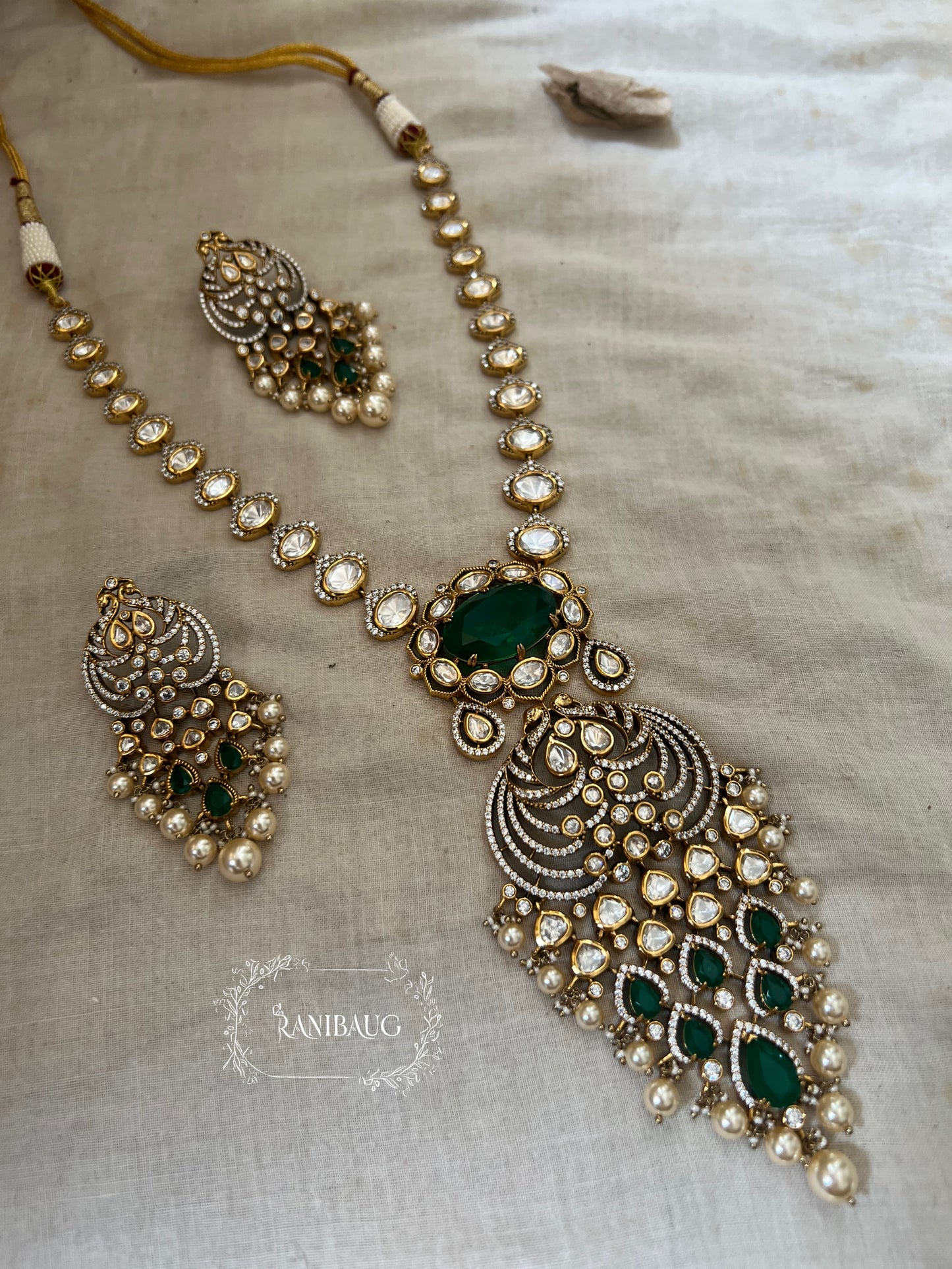 Shreeja Peacock Motif Vintage Mossainite Gemstone Long Victorian Necklace Jewellery Set By Ranibaug | Jewelry Wedding Collection 2025 2026