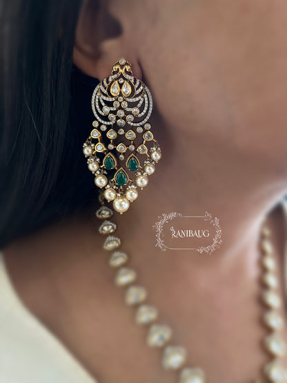 Shreeja Peacock Motif Vintage Mossainite Gemstone Long Victorian Necklace Jewellery Set By Ranibaug | Jewelry Wedding Collection 2025 2026