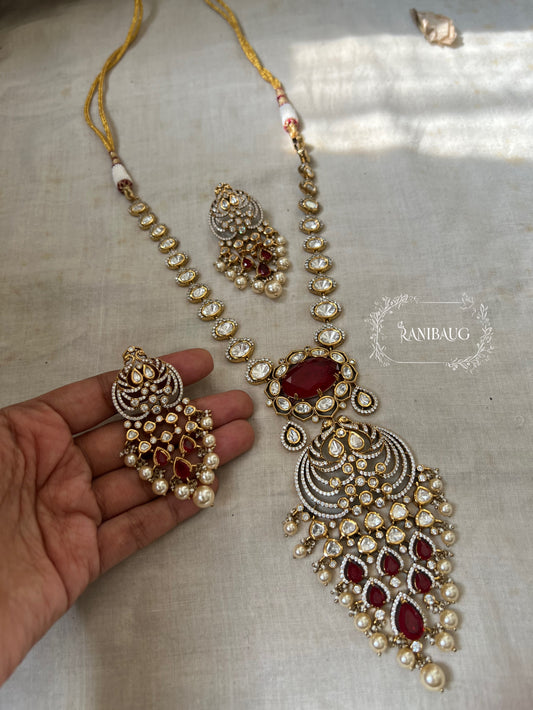 Shreeja Peacock Motif Vintage Mossainite Gemstone Long Victorian Necklace Jewellery Set By Ranibaug | Jewelry Wedding Collection 2025 2026