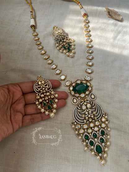 Shreeja Peacock Motif Vintage Mossainite Gemstone Long Victorian Necklace Jewellery Set By Ranibaug | Jewelry Wedding Collection 2025 2026