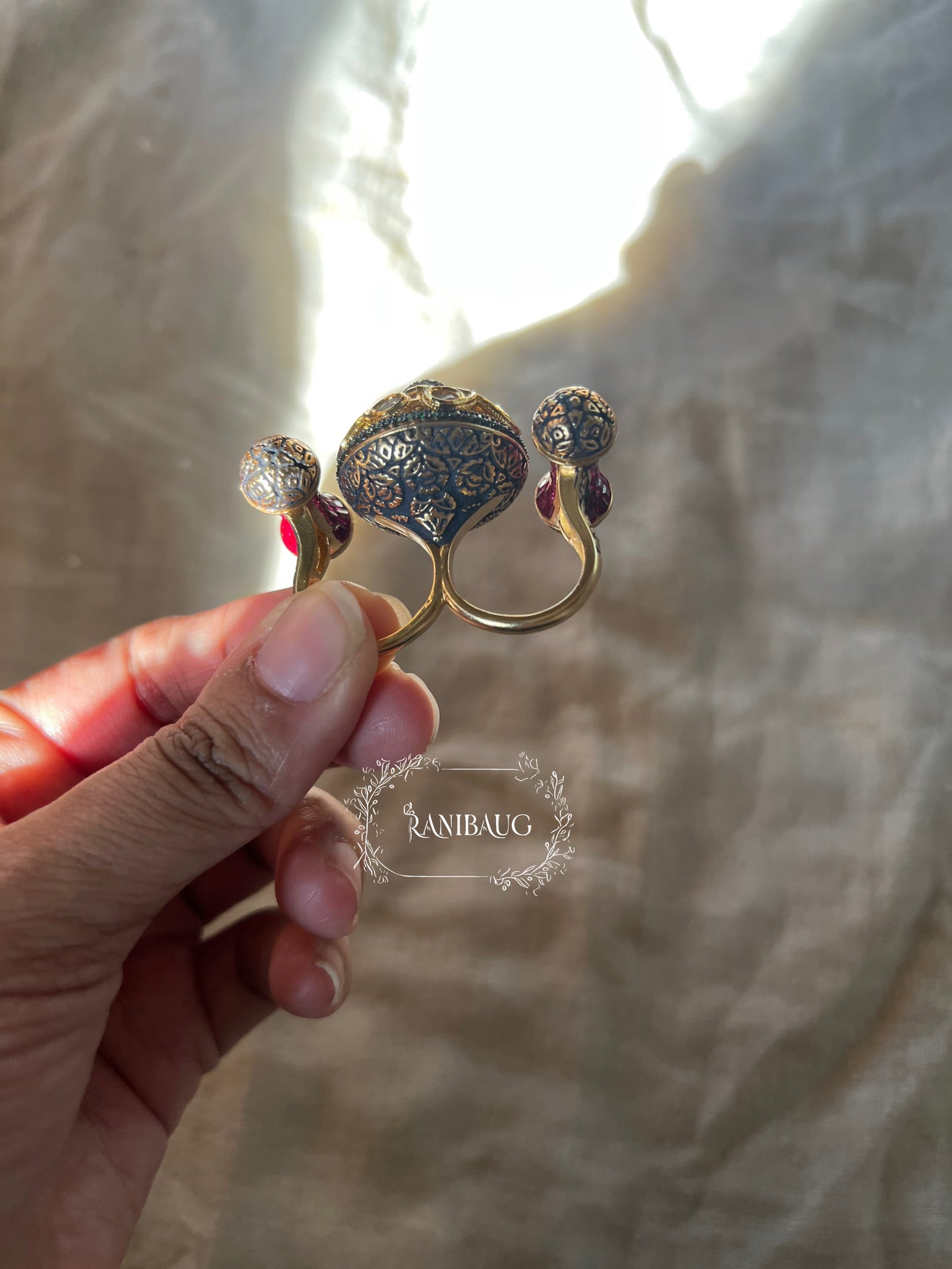 Shreeya Regal Dual-Finger Kundan Statement Ring From The Royal Court By Ranibaug