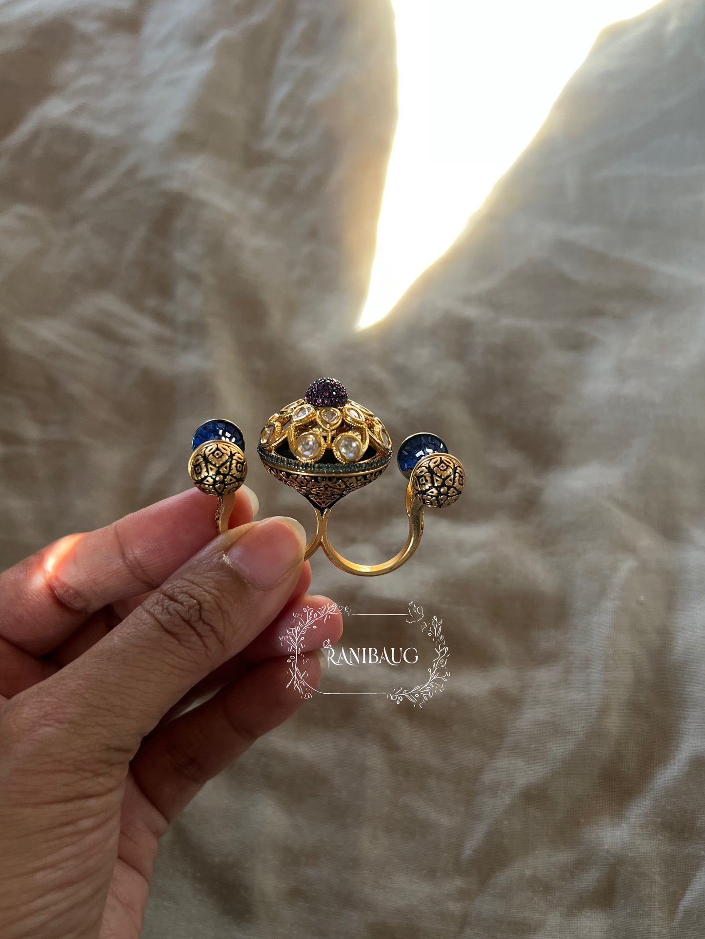 Shreeya Regal Dual-Finger Kundan Statement Ring From The Royal Court By Ranibaug