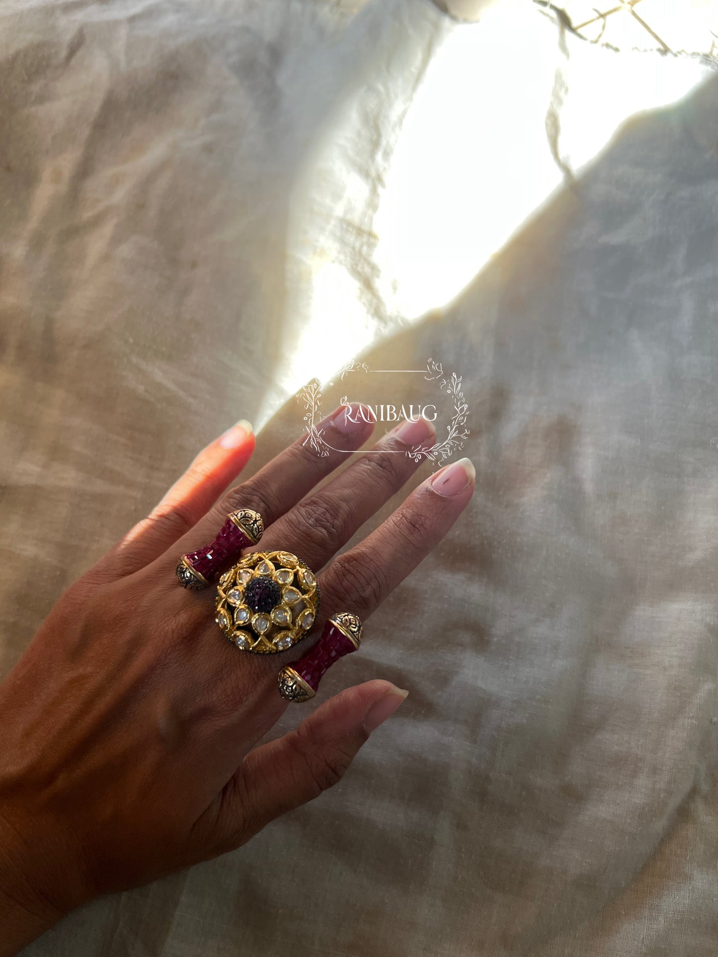 Shreeya Regal Dual-Finger Kundan Statement Ring From The Royal Court By Ranibaug