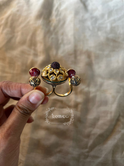 Shreeya Regal Dual-Finger Kundan Statement Ring From The Royal Court By Ranibaug