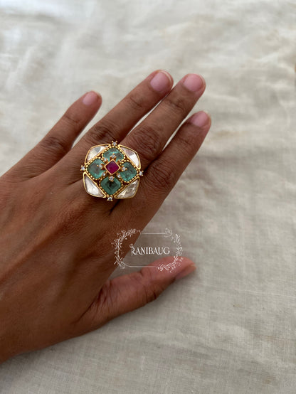Shrenu Sqaure Geometric Kundan Stone Gold Plated Ring Jewelry By Ranibaug