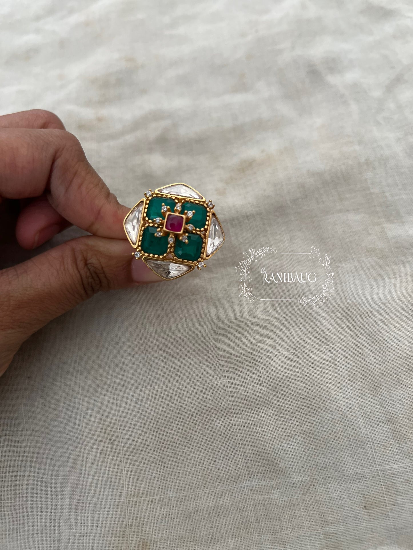 Shrenu Sqaure Geometric Kundan Stone Gold Plated Ring Jewelry By Ranibaug