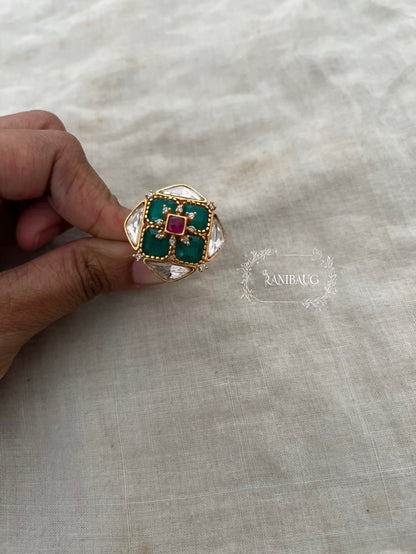 Shrenu Sqaure Geometric Kundan Stone Gold Plated Ring Jewelry By Ranibaug