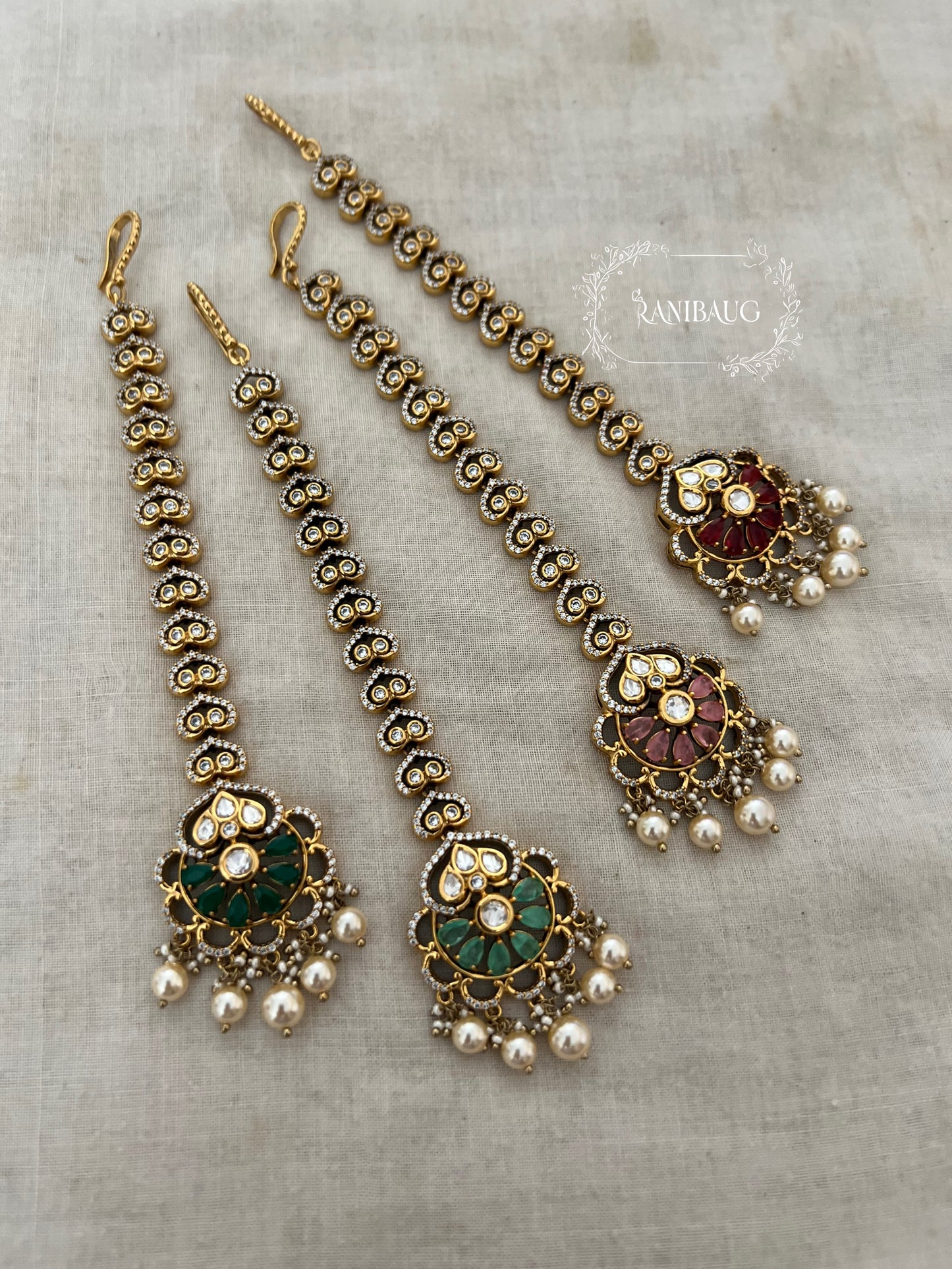 Shrenu Victorian Polki Kundan Pearl Maang Tikka By Ranibaug | Premium Imitation Jewelry