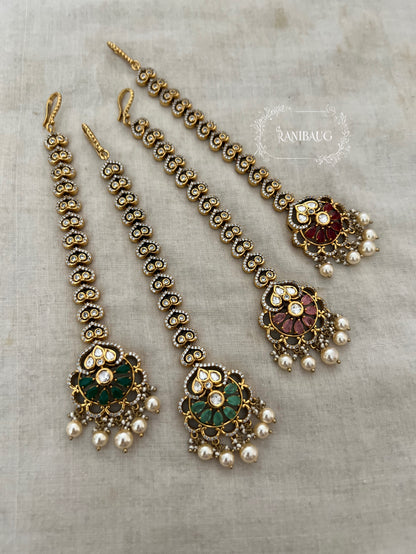 Shrenu Victorian Polki Kundan Pearl Maang Tikka By Ranibaug | Premium Imitation Jewelry