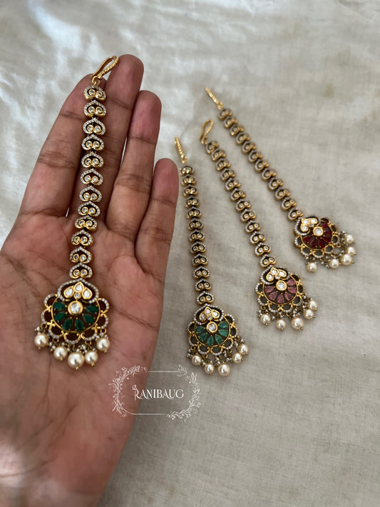 Shrenu Victorian Polki Kundan Pearl Maang Tikka By Ranibaug | Premium Imitation Jewelry