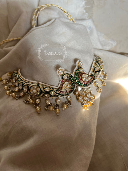 Shrenuka Kundan Moti Jadau Inspired Peacock Chocker Necklace | A Statement Jewelry Piece By Ranibaug