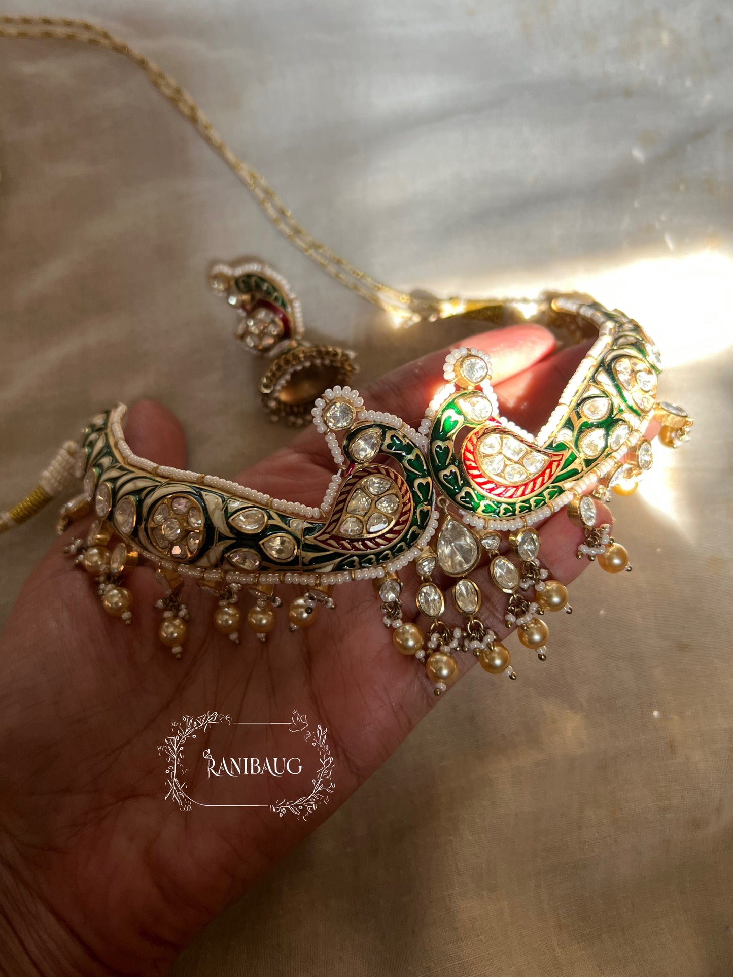 Shrenuka Kundan Moti Jadau Inspired Peacock Chocker Necklace | A Statement Jewelry Piece By Ranibaug