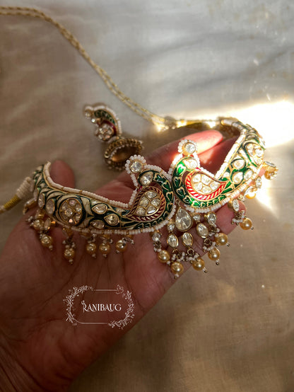 Shrenuka Kundan Moti Jadau Inspired Peacock Chocker Necklace | A Statement Jewelry Piece By Ranibaug