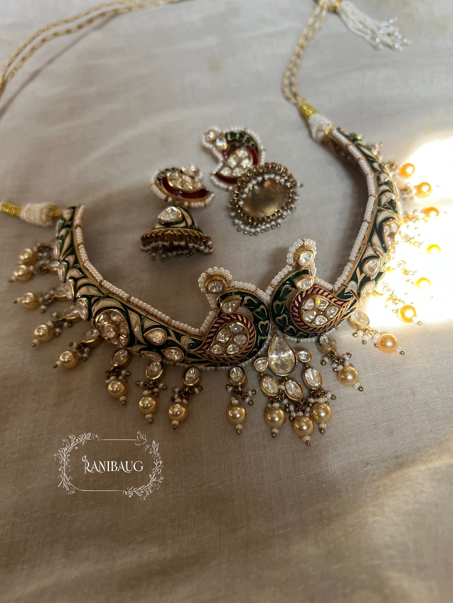 Shrenuka Kundan Moti Jadau Inspired Peacock Chocker Necklace | A Statement Jewelry Piece By Ranibaug