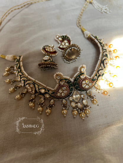 Shrenuka Kundan Moti Jadau Inspired Peacock Chocker Necklace | A Statement Jewelry Piece By Ranibaug