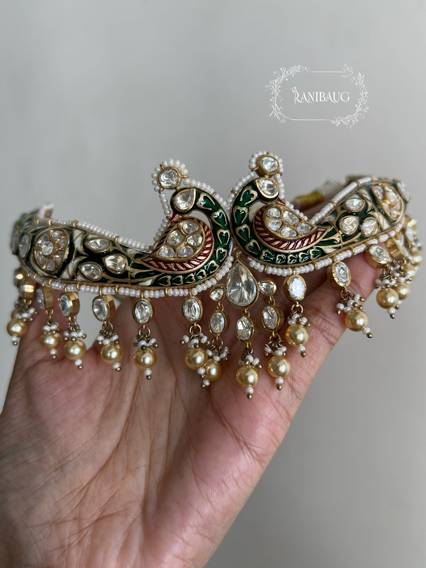 Shrenuka Kundan Moti Jadau Inspired Peacock Chocker Necklace | A Statement Jewelry Piece By Ranibaug
