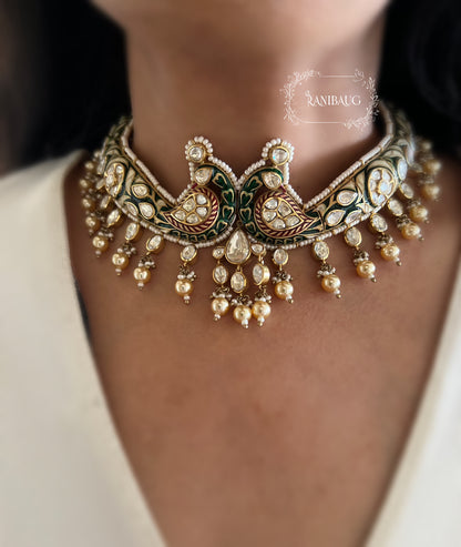 Shrenuka Kundan Moti Jadau Inspired Peacock Chocker Necklace | A Statement Jewelry Piece By Ranibaug