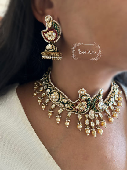 Shrenuka Kundan Moti Jadau Inspired Peacock Chocker Necklace | A Statement Jewelry Piece By Ranibaug