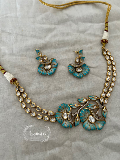 Shreshtha Enamel Floral Motif Polki Adorned Gold Finish Necklace Set By Ranibaug