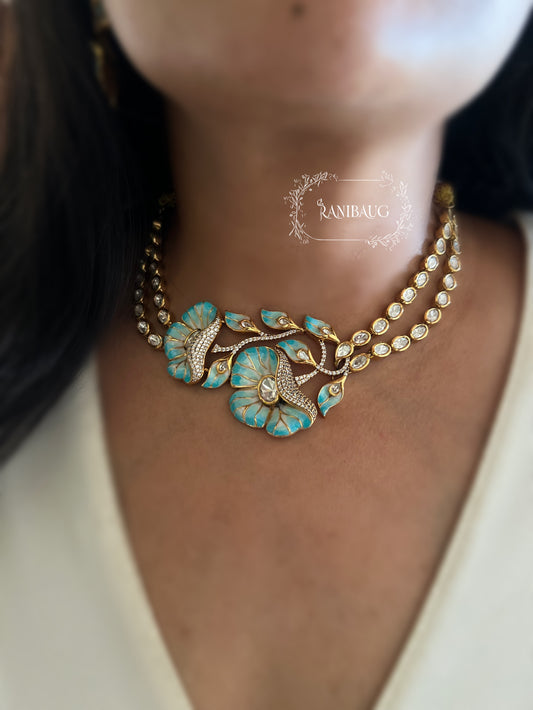 Shreshtha Enamel Floral Motif Polki Adorned Gold Finish Necklace Set By Ranibaug
