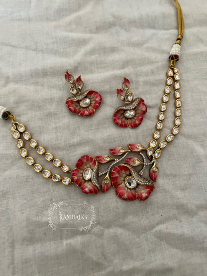 Shreshtha Enamel Floral Motif Polki Adorned Gold Finish Necklace Set By Ranibaug
