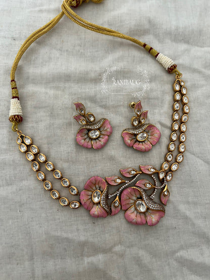 Shreshtha Enamel Floral Motif Polki Adorned Gold Finish Necklace Set By Ranibaug