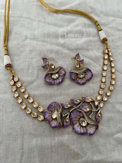 Shreshtha Enamel Floral Motif Polki Adorned Gold Finish Necklace Set By Ranibaug