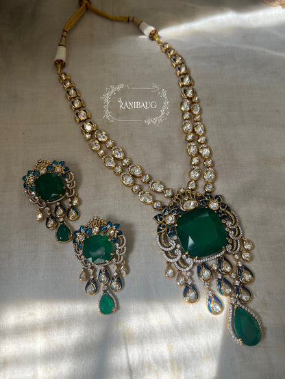 Shreya Bold Long Adjustable Green Emerald And Kundan Necklace Set In Rich Gold Finish By Ranibaug