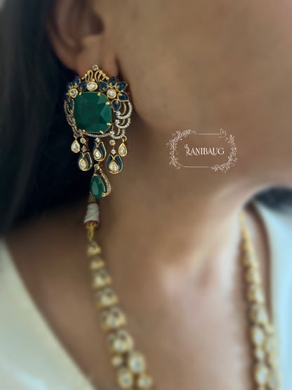 Shreya Bold Long Adjustable Green Emerald And Kundan Necklace Set In Rich Gold Finish By Ranibaug