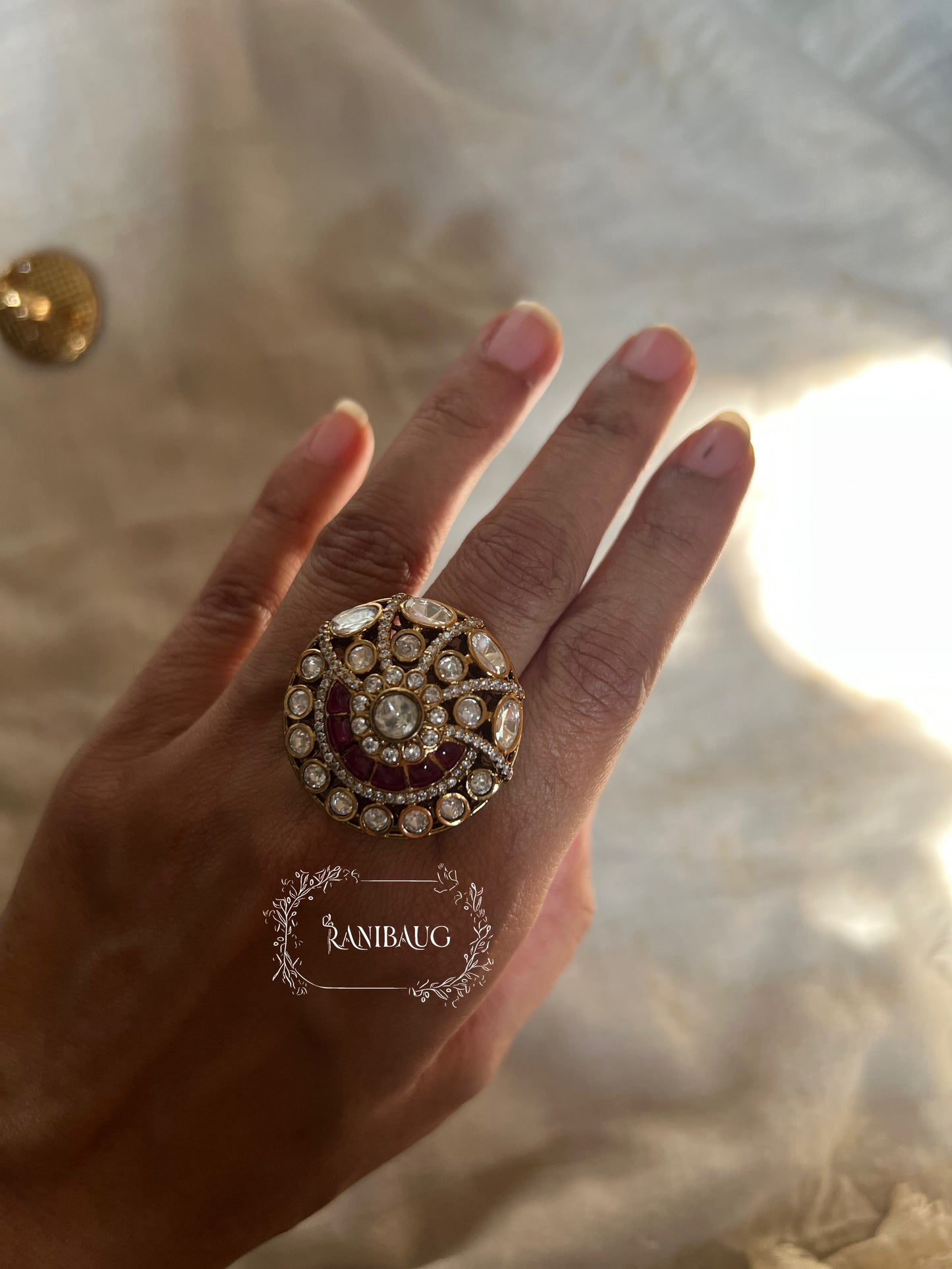 Shriya Polki Round Shape Premium Gold Finish Indian Ring Jewelry By Ranibaug