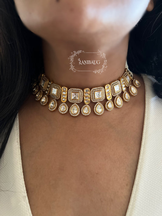 Shruti Gold Plated Polki Two Layered Chocker Jewellery Set By Ranibaug