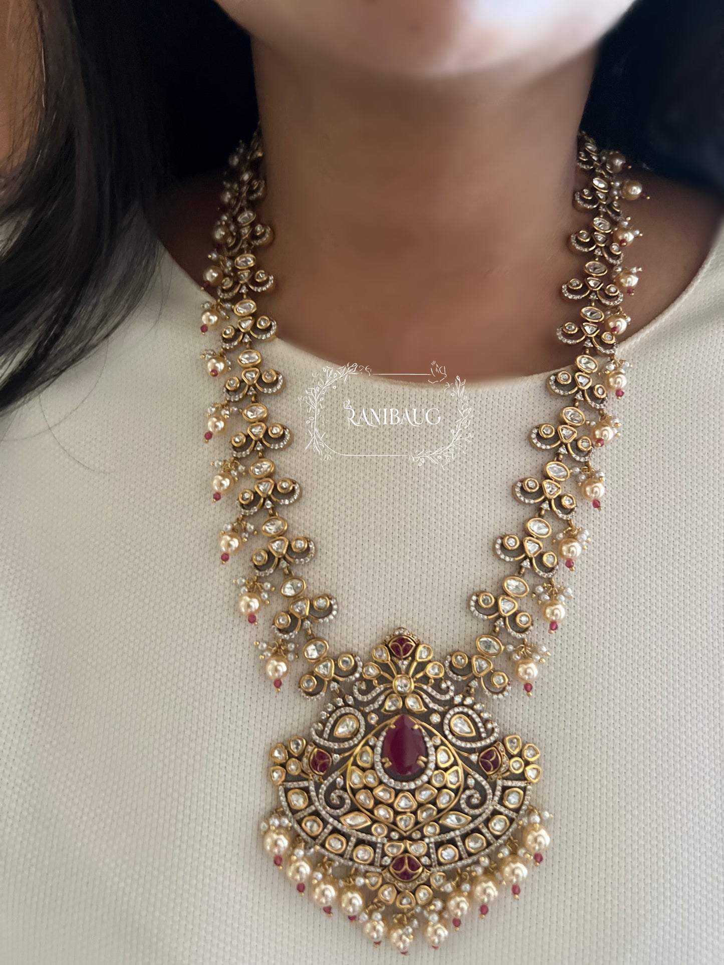Shubha Traditional Indian Polki Kundan Pearl Beaded Heavy Long Necklace Set For Wedding By Ranibaug