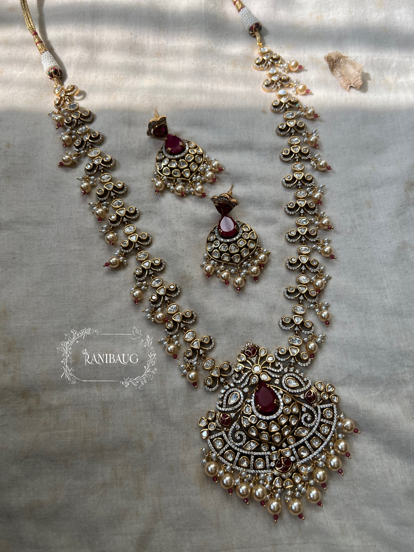 Shubha Traditional Indian Polki Kundan Pearl Beaded Heavy Long Necklace Set For Wedding By Ranibaug