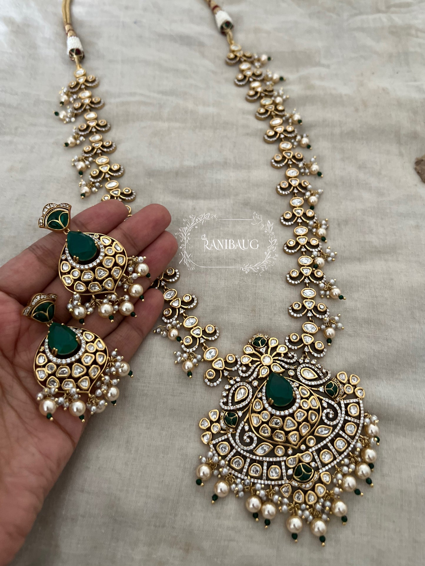 Shubha Traditional Indian Polki Kundan Pearl Beaded Heavy Long Necklace Set For Wedding By Ranibaug