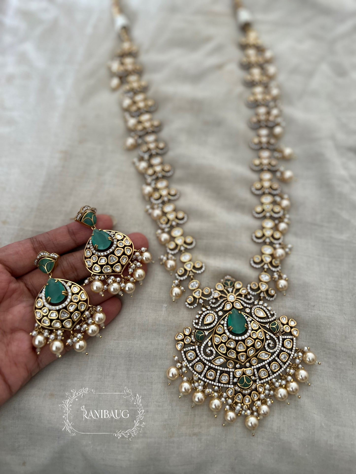 Shubha Traditional Indian Polki Kundan Pearl Beaded Heavy Long Necklace Set For Wedding By Ranibaug