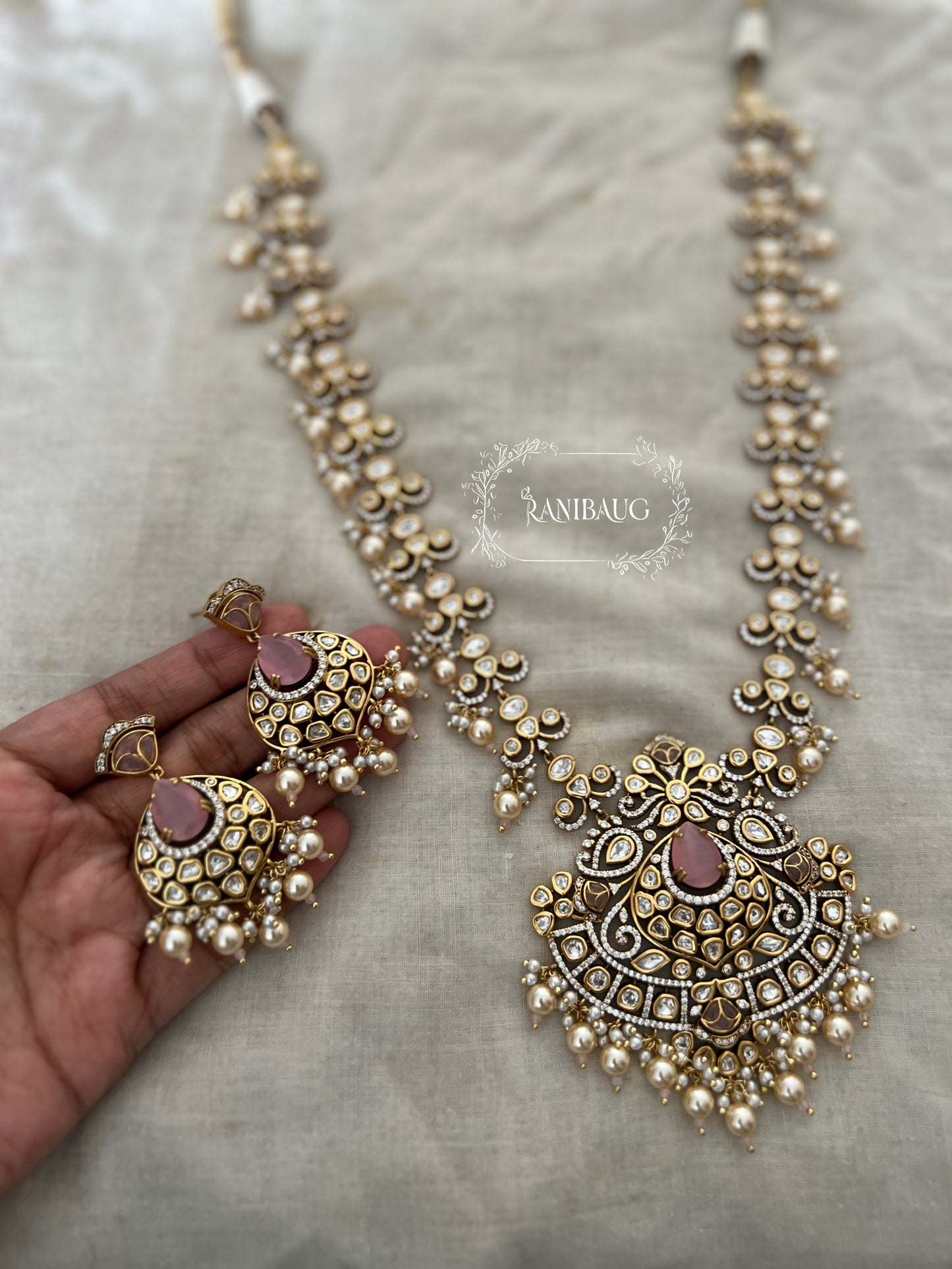 Shubha Traditional Indian Polki Kundan Pearl Beaded Heavy Long Necklace Set For Wedding By Ranibaug
