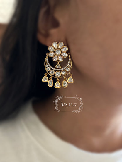 Shubhi Polki Floral Kundan Drops Small Minimal Chandbali Earrings By Ranibaug