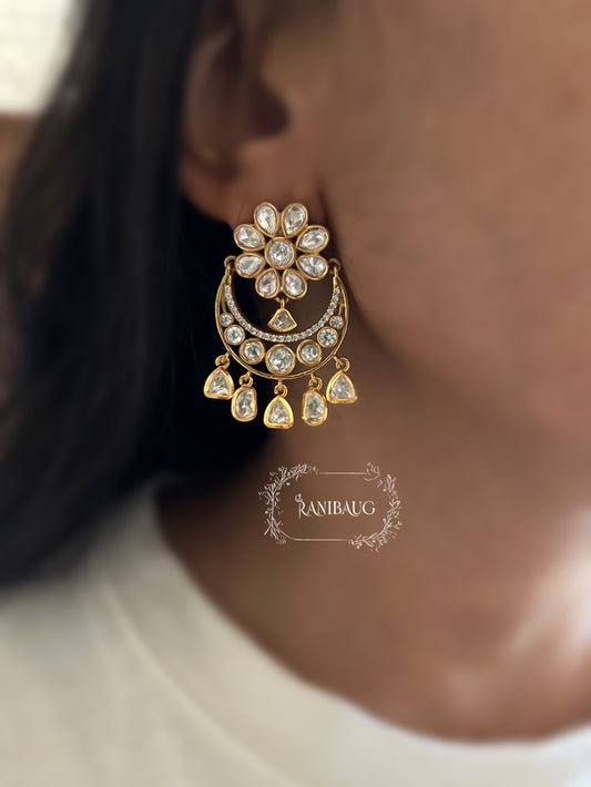 Shubhi Polki Floral Kundan Drops Small Minimal Chandbali Earrings By Ranibaug