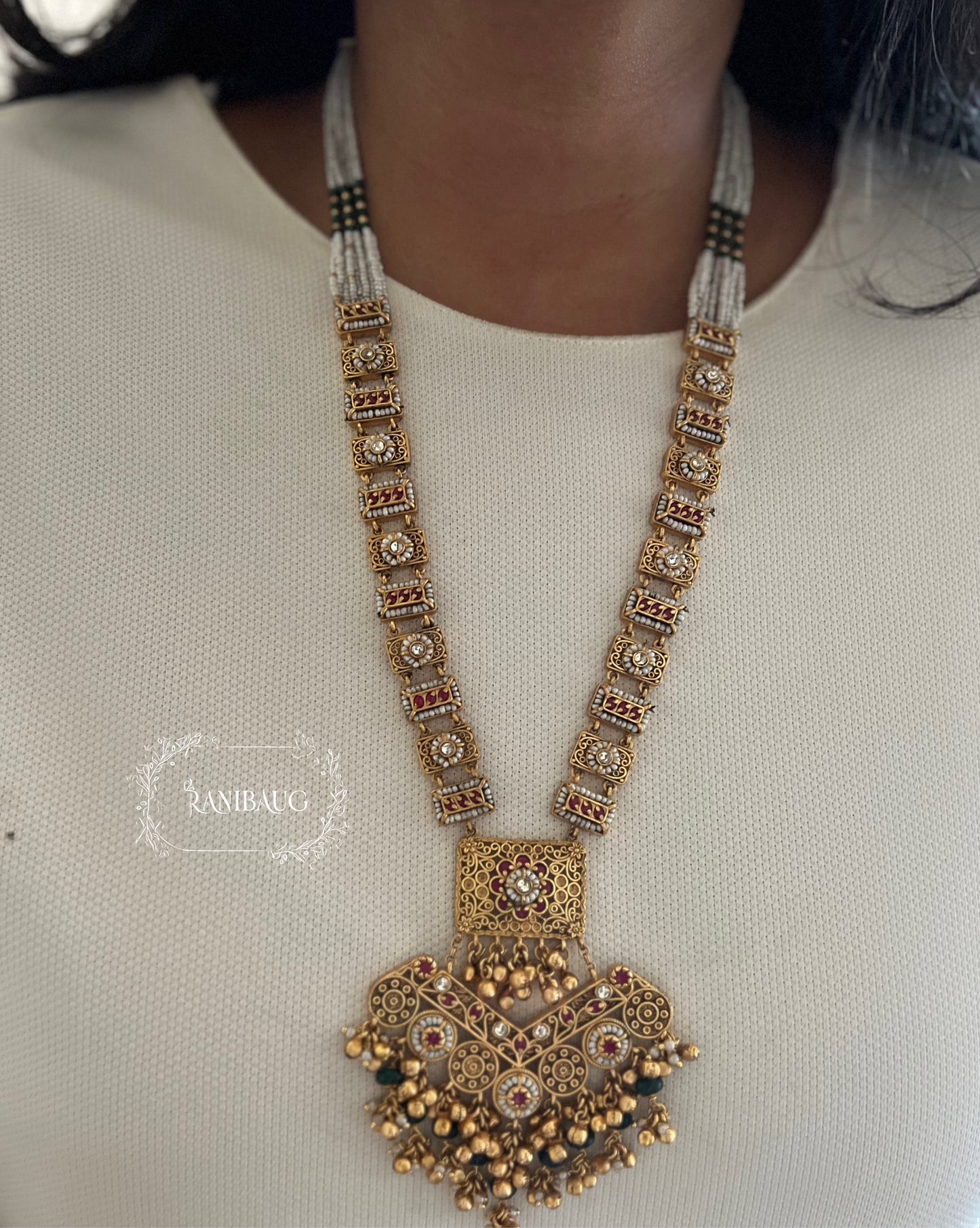Shyamika Long Rich Gold Finish Beaded Royal Heritage Necklace Jewelry Set For Wedding By Ranibaug