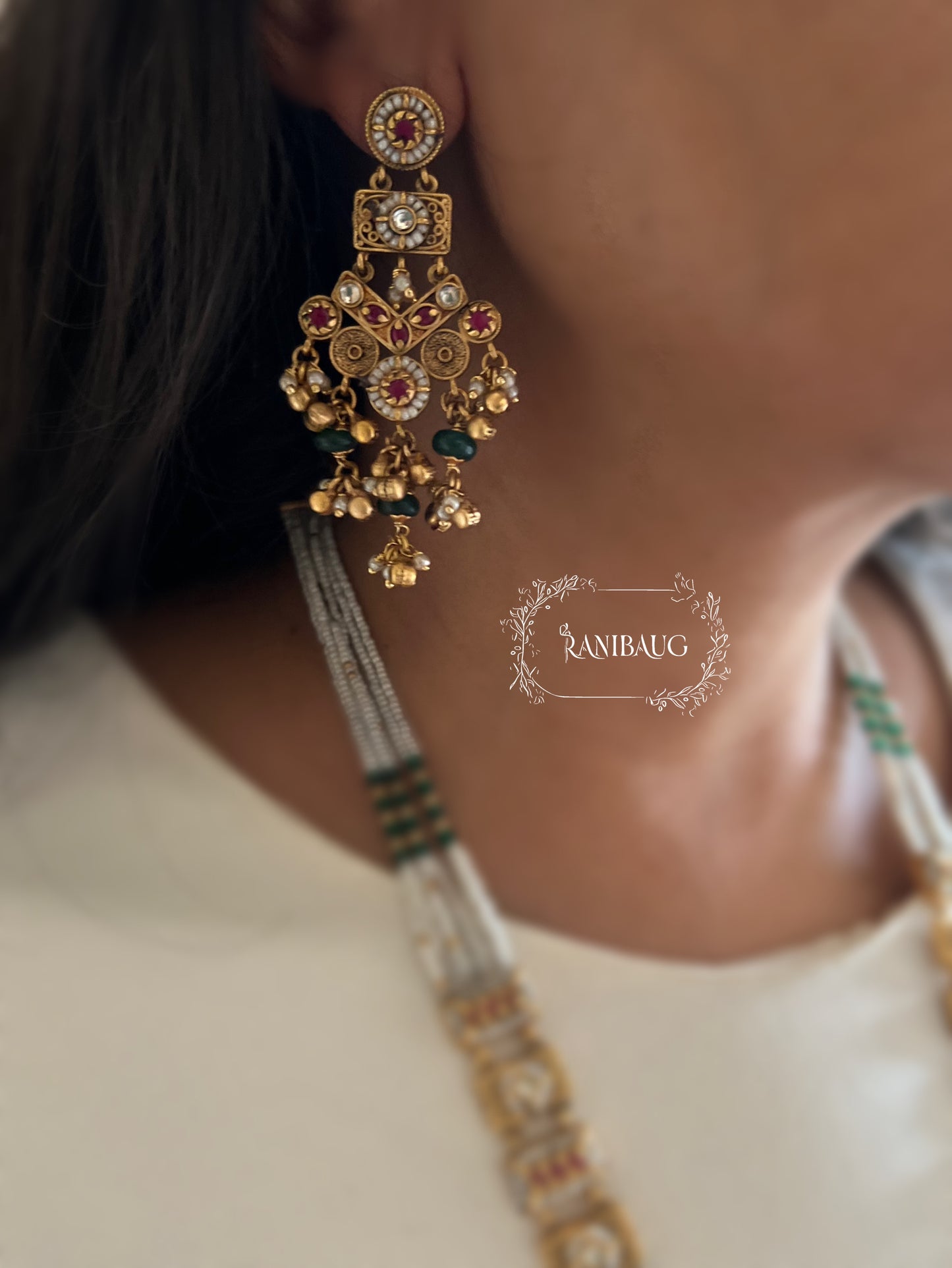 Shyamika Long Rich Gold Finish Beaded Royal Heritage Necklace Jewelry Set For Wedding By Ranibaug