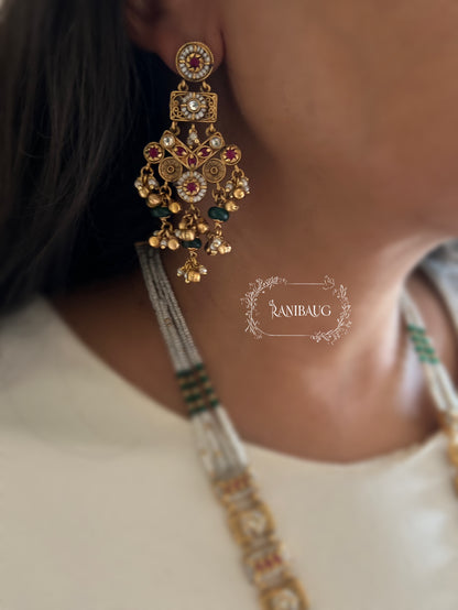 Shyamika Long Rich Gold Finish Beaded Royal Heritage Necklace Jewelry Set For Wedding By Ranibaug