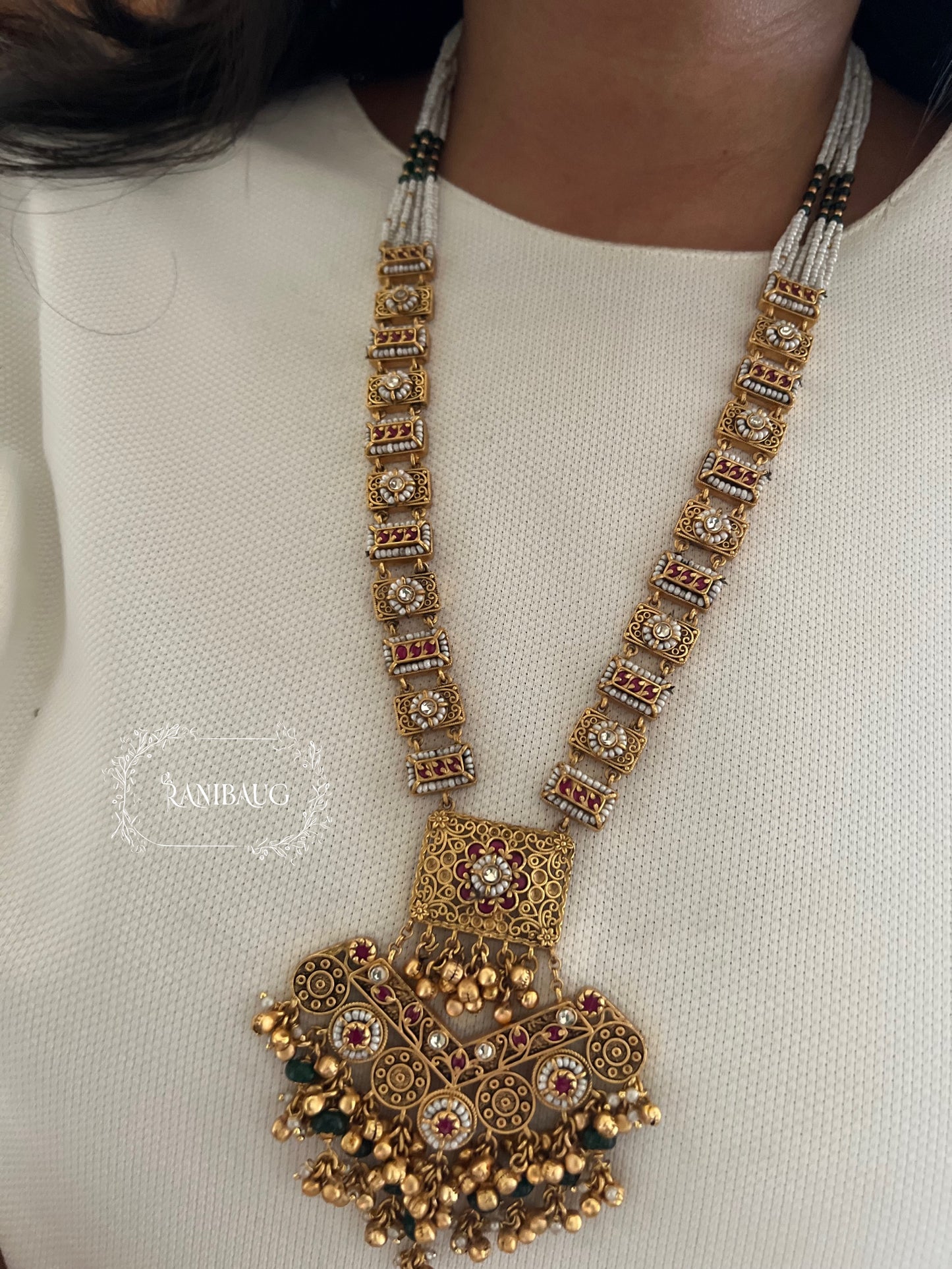 Shyamika Long Rich Gold Finish Beaded Royal Heritage Necklace Jewelry Set For Wedding By Ranibaug