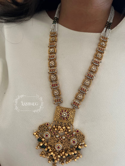 Shyamika Long Rich Gold Finish Beaded Royal Heritage Necklace Jewelry Set For Wedding By Ranibaug