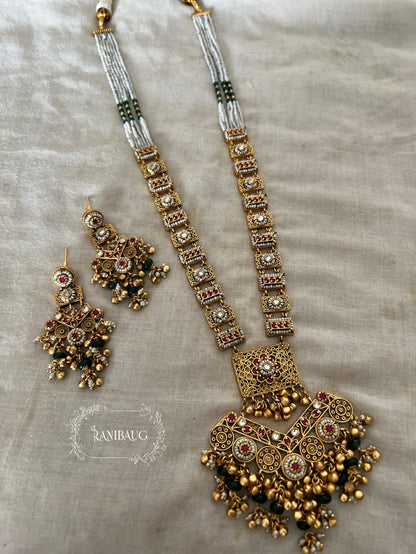 Shyamika Long Rich Gold Finish Beaded Royal Heritage Necklace Jewelry Set For Wedding By Ranibaug