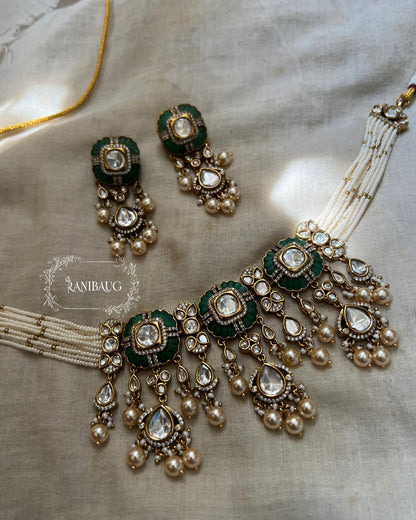Sichiya Mossainite Polki Studded Gold Finish Creamy Pearls Adorned Beaded Strand Necklace Choker Set By Ranibaug