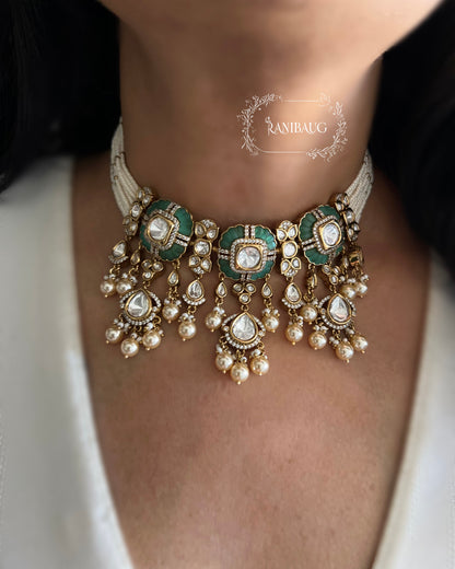 Sichiya Mossainite Polki Studded Gold Finish Creamy Pearls Adorned Beaded Strand Necklace Choker Set By Ranibaug