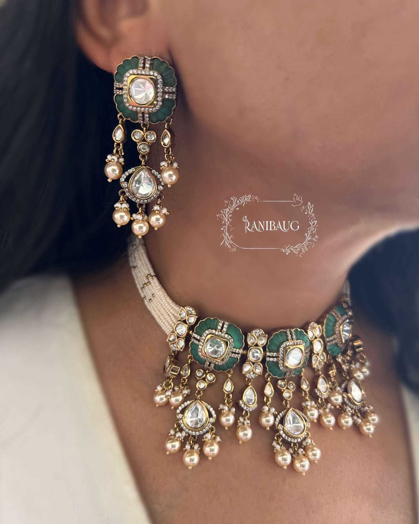 Sichiya Mossainite Polki Studded Gold Finish Creamy Pearls Adorned Beaded Strand Necklace Choker Set By Ranibaug