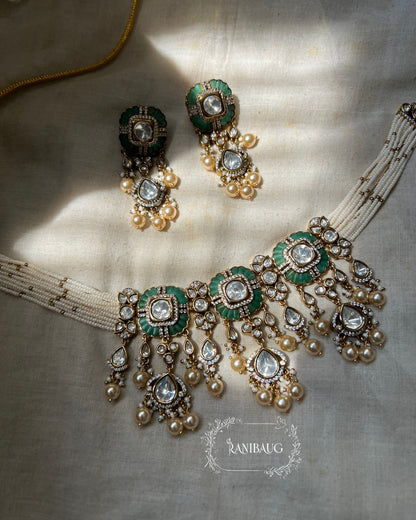 Sichiya Mossainite Polki Studded Gold Finish Creamy Pearls Adorned Beaded Strand Necklace Choker Set By Ranibaug